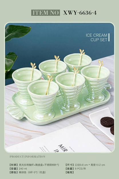 Ice cream set | 6 Ceramic bowls , 1 ceramic tray and 6 wooden spoon