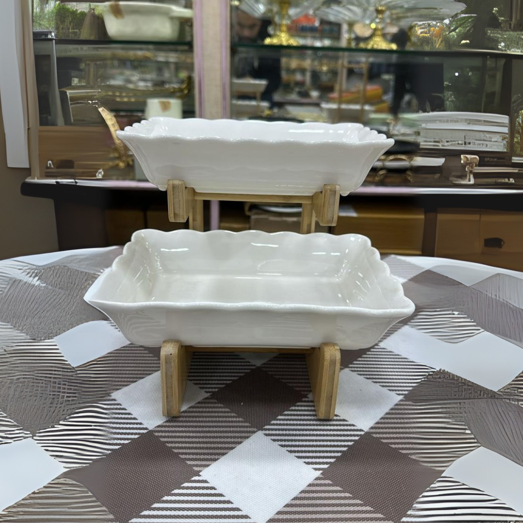 3 Tier Fruit Bowl Ceramic with wooden stand for Kitchen Countertop Square