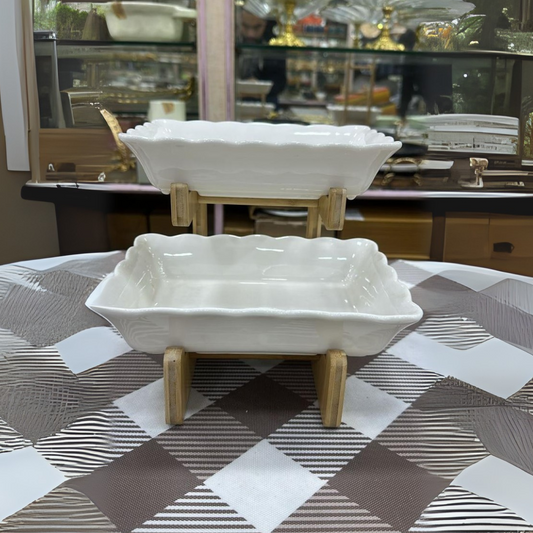 3 Tier Fruit Bowl Ceramic with wooden stand for Kitchen Countertop Square