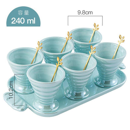 Ice cream set | 6 Ceramic bowls , 1 ceramic tray and 6 wooden spoon