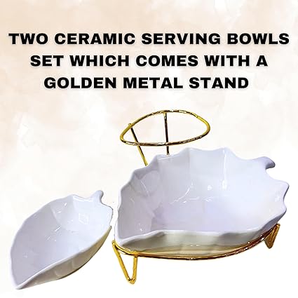 Leaf-Shaped Ceramic White Glossy Serving Platters with Gold Pedestal for Serving Sweets, Cookies, Dry Fruit, Snacks (1 Stand & 2 Plates)| Chutney Plate, Snack Platter| Microwave Safe