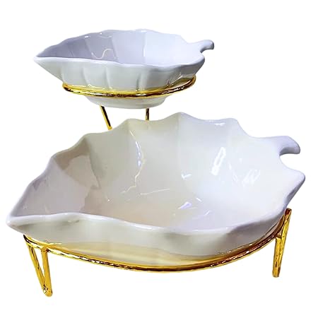 Leaf-Shaped Ceramic White Glossy Serving Platters with Gold Pedestal for Serving Sweets, Cookies, Dry Fruit, Snacks (1 Stand & 2 Plates)| Chutney Plate, Snack Platter| Microwave Safe