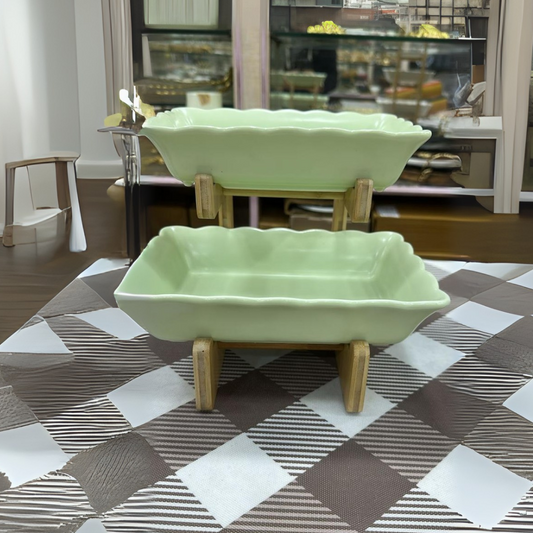 3 Tier Fruit Bowl Ceramic with wooden stand for Kitchen Countertop Square
