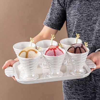 Ice cream set | 6 Ceramic bowls , 1 ceramic tray and 6 wooden spoon