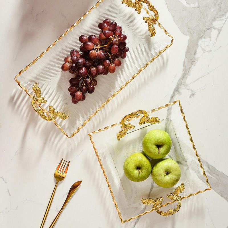 European Luxury Dinnerware Glass Food Cake Plate Glass Fruit Plate Snacks Crystal Fruit Christmas Square Plate with Gold Rim