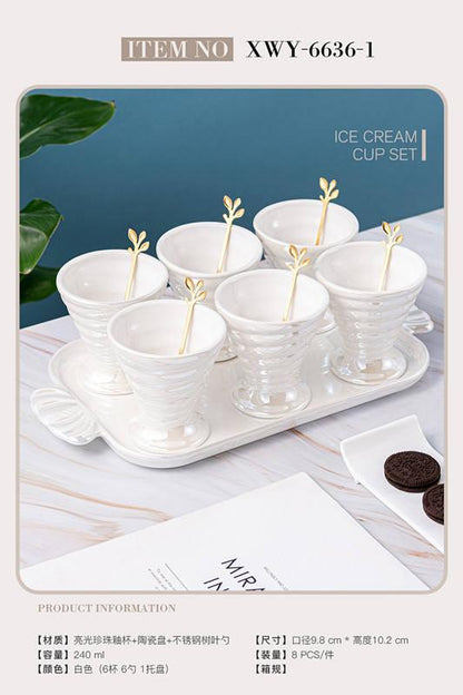 Ice cream set | 6 Ceramic bowls , 1 ceramic tray and 6 wooden spoon
