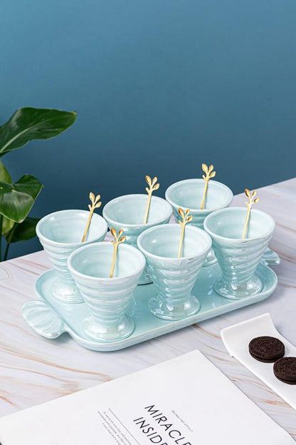 Ice cream set | 6 Ceramic bowls , 1 ceramic tray and 6 wooden spoon