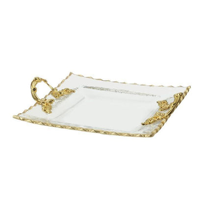 European Luxury Dinnerware Glass Food Cake Plate Glass Fruit Plate Snacks Crystal Fruit Christmas Square Plate with Gold Rim