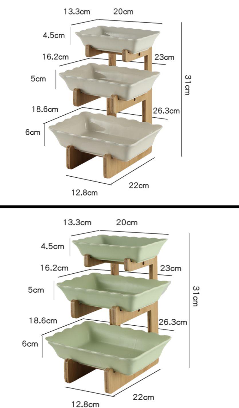 3 Tier Fruit Bowl Ceramic with wooden stand for Kitchen Countertop Square