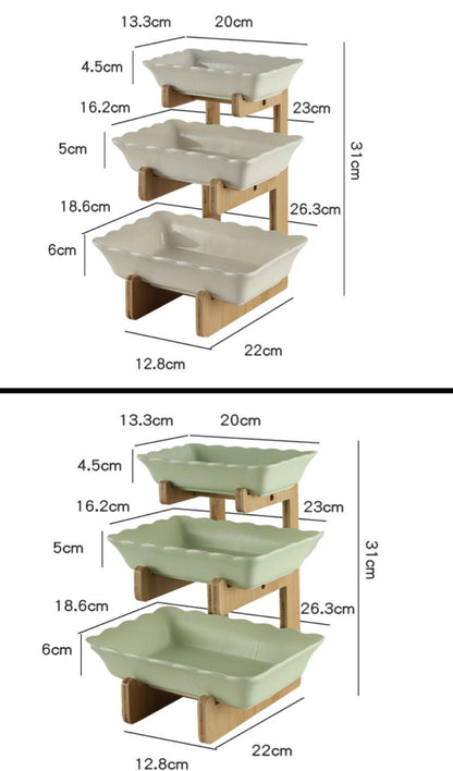 3 Tier Fruit Bowl Ceramic with wooden stand for Kitchen Countertop Square