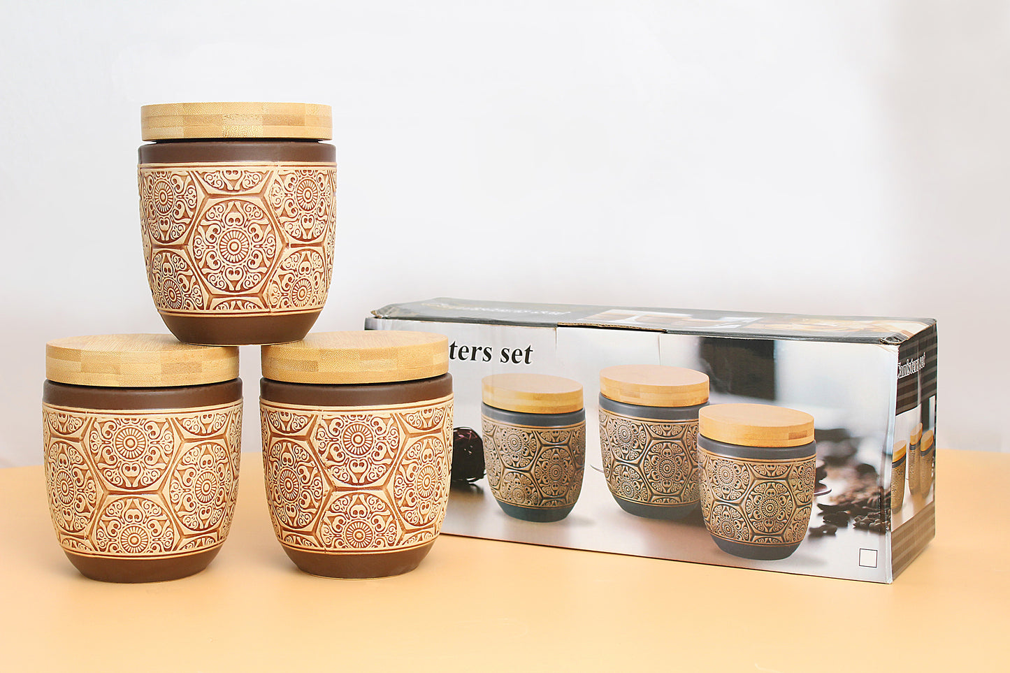Air tight containers for Kitchen storage | tea offee set sugar container set of 3 | Wooden lid with ceramice canisters | food grade