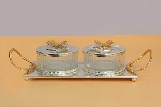 Glass bowl metal stand and lid