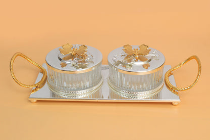 Glass bowl metal stand and lid