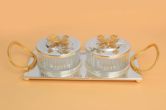 Glass bowl metal stand and lid