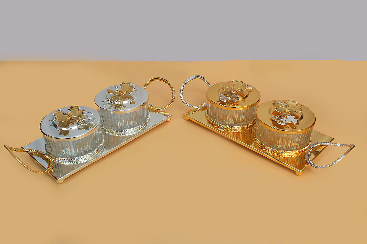 Glass bowl metal stand and lid