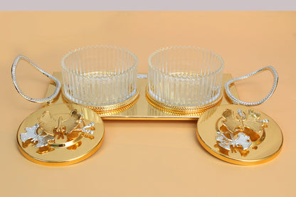 Glass bowl metal stand and lid