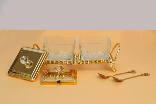 Glass bowl with metal stand and 2 spoon set