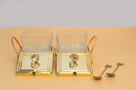 Glass bowl with metal stand and 2 spoon set
