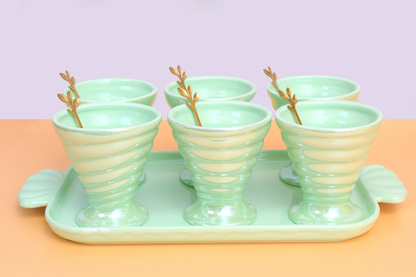 Ice cream set | 6 Ceramic bowls , 1 ceramic tray and 6 wooden spoon