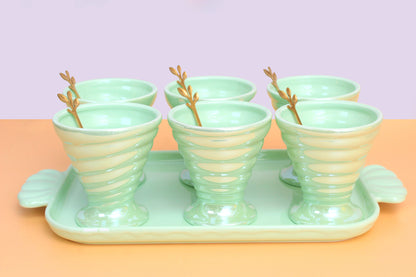 Ice cream set | 6 Ceramic bowls , 1 ceramic tray and 6 wooden spoon