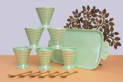 Ice cream set | 6 Ceramic bowls , 1 ceramic tray and 6 wooden spoon