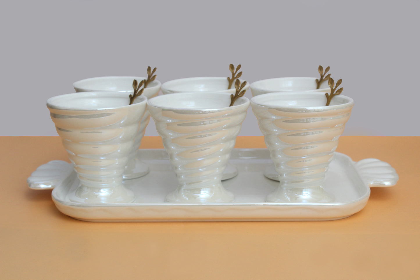 Ice cream set | 6 Ceramic bowls , 1 ceramic tray and 6 wooden spoon