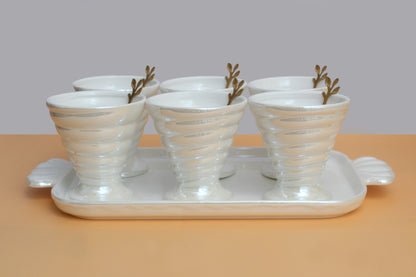 Ice cream set | 6 Ceramic bowls , 1 ceramic tray and 6 wooden spoon