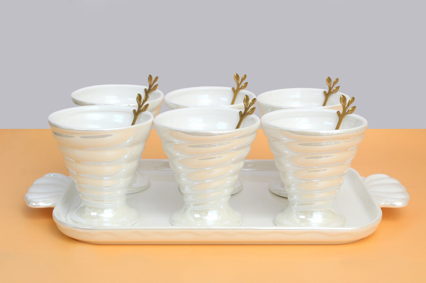 Ice cream set | 6 Ceramic bowls , 1 ceramic tray and 6 wooden spoon