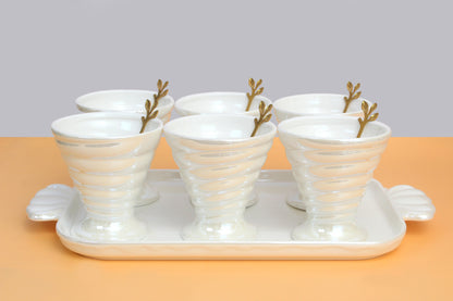 Ice cream set | 6 Ceramic bowls , 1 ceramic tray and 6 wooden spoon
