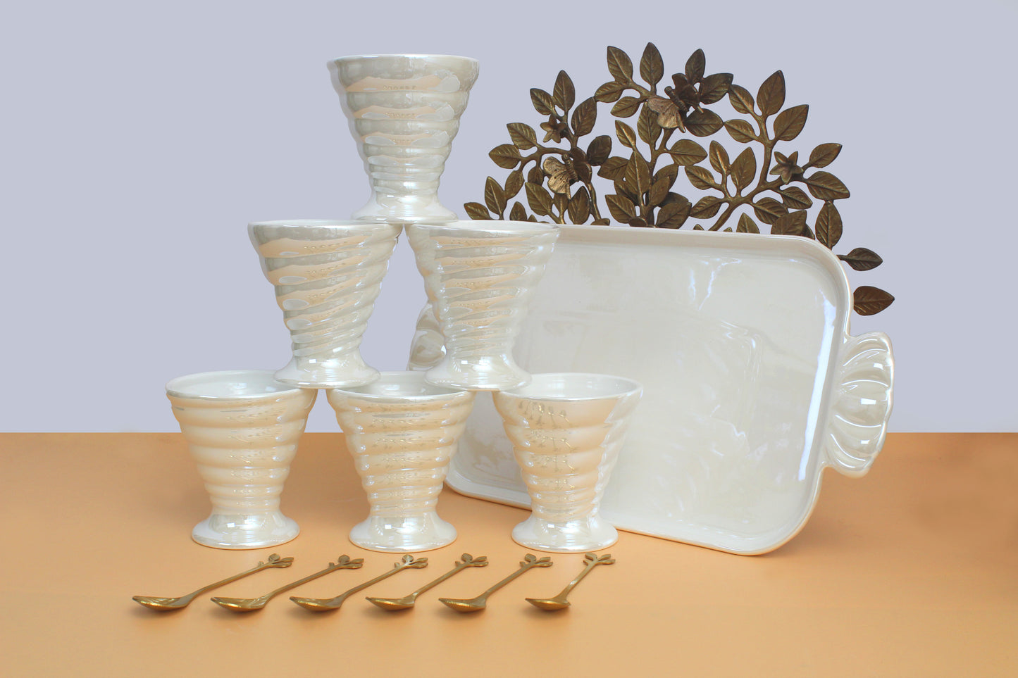 Ice cream set | 6 Ceramic bowls , 1 ceramic tray and 6 wooden spoon