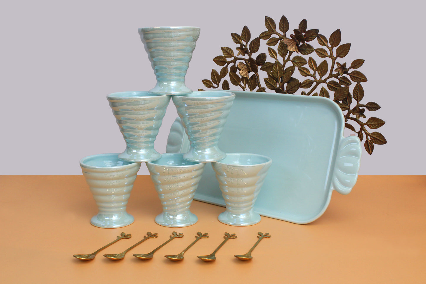 Ice cream set | 6 Ceramic bowls , 1 ceramic tray and 6 wooden spoon
