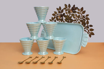 Ice cream set | 6 Ceramic bowls , 1 ceramic tray and 6 wooden spoon
