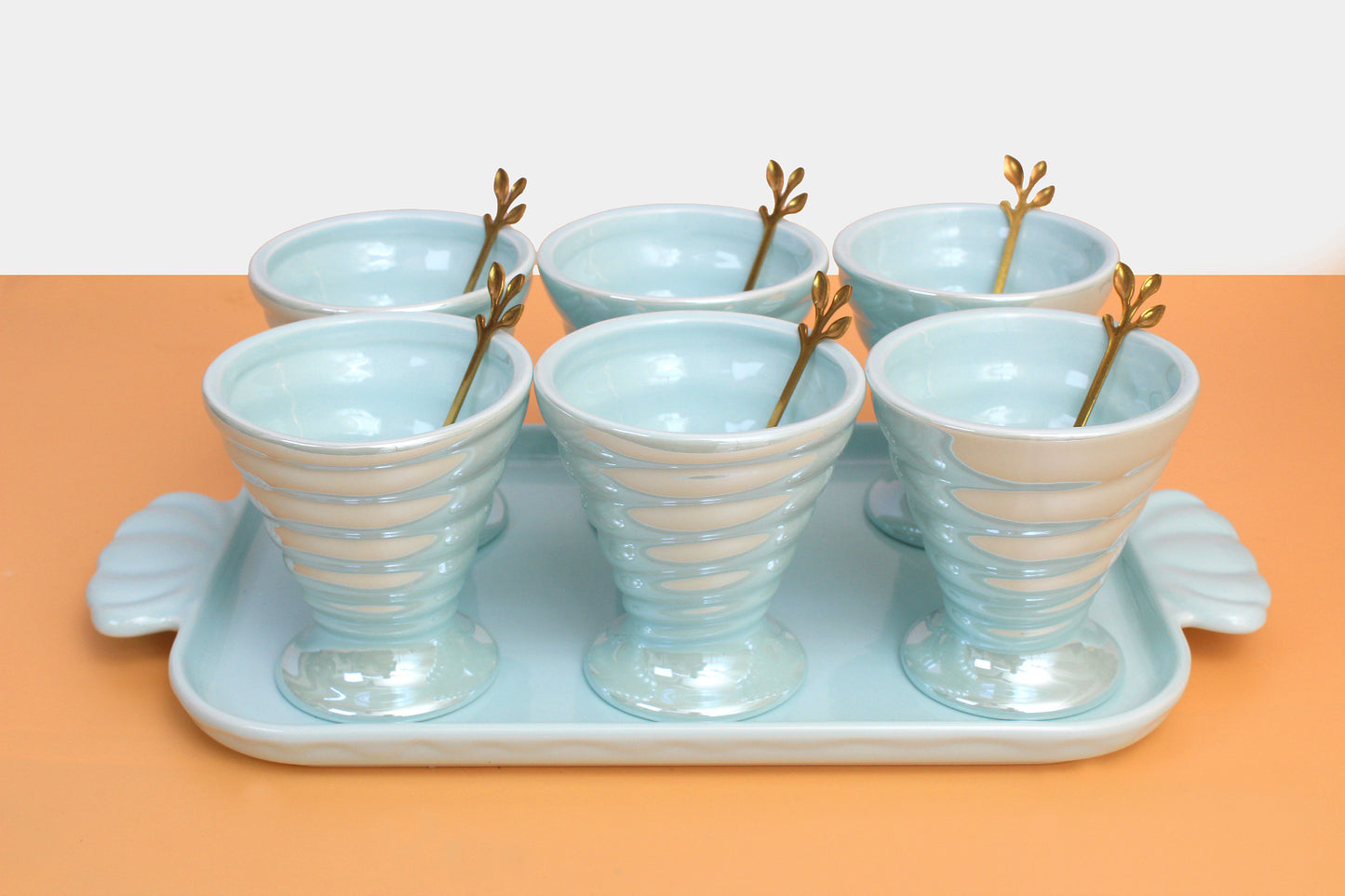 Ice cream set | 6 Ceramic bowls , 1 ceramic tray and 6 wooden spoon