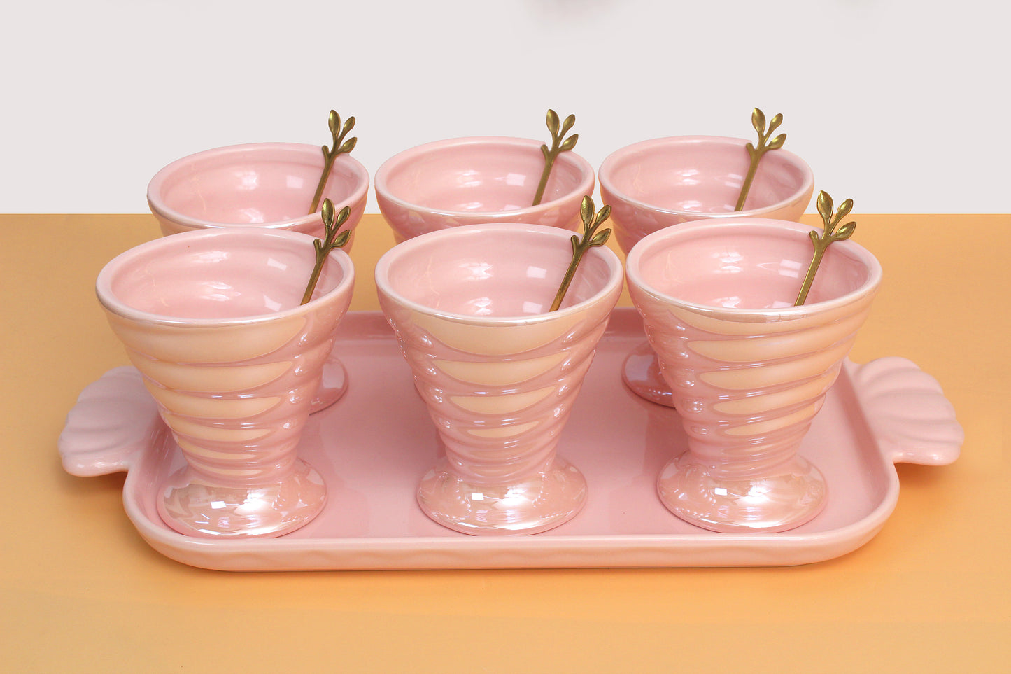 Ice cream set | 6 Ceramic bowls , 1 ceramic tray and 6 wooden spoon