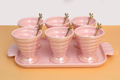 Ice cream set | 6 Ceramic bowls , 1 ceramic tray and 6 wooden spoon