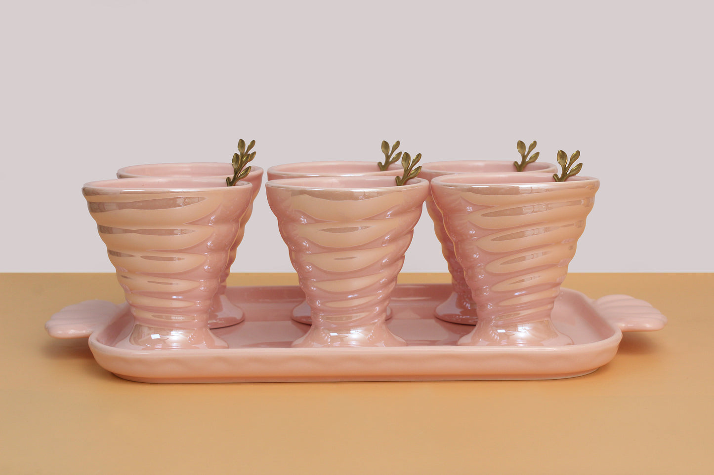 Ice cream set | 6 Ceramic bowls , 1 ceramic tray and 6 wooden spoon