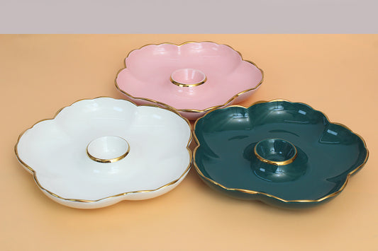Set of 3-flower shaped ceramic plate with dip compartment Set of 1 colour each