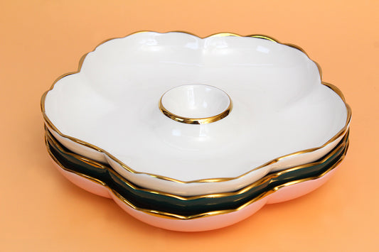 Set of 3-flower shaped ceramic plate with dip compartment Set of 1 colour each