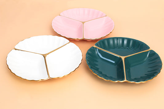 Ceramic Partition Platter, Snacks/Nuts/Dish Serving Plate- set of 3piece(one colour each)