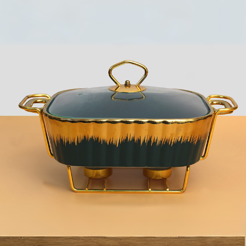 Ceramic casserole with metal stand Tea light candle to keep food warm