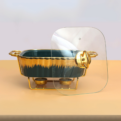 Ceramic casserole with metal stand Tea light candle to keep food warm