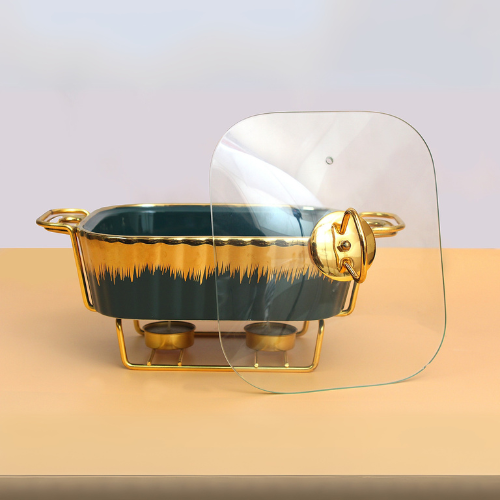 Ceramic casserole with metal stand Tea light candle to keep food warm