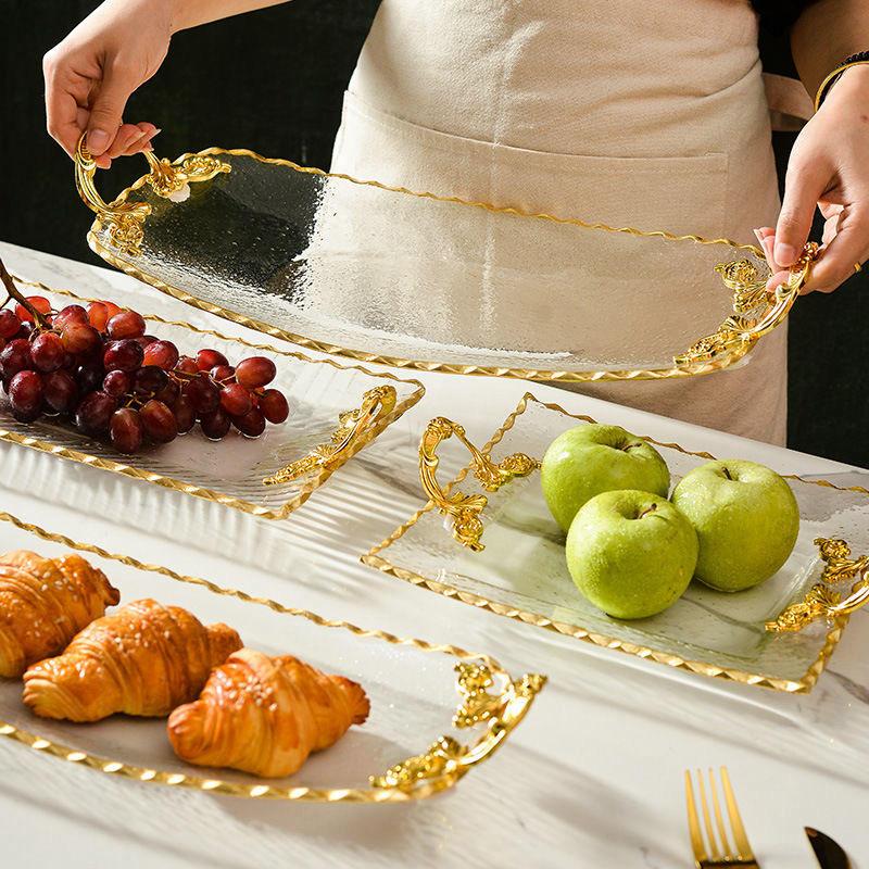 European Luxury Dinnerware Glass Food Cake Plate Glass Fruit Plate Snacks Crystal Fruit Christmas Square Plate with Gold Rim