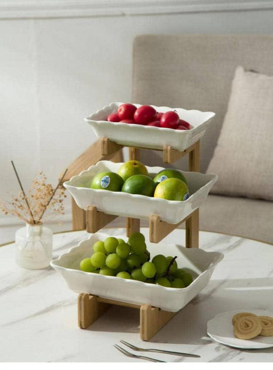 3 Tier Fruit Bowl Ceramic with wooden stand for Kitchen Countertop Square