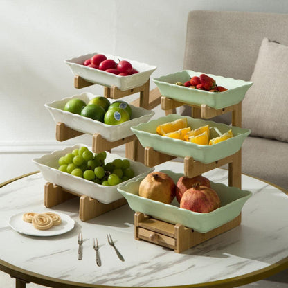 3 Tier Fruit Bowl Ceramic with wooden stand for Kitchen Countertop Square